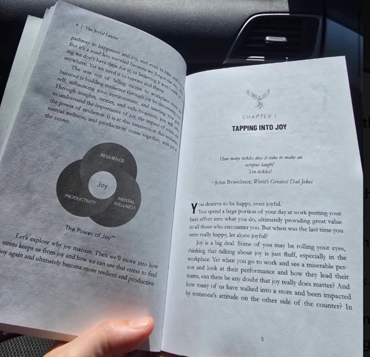 An open copy of The Joyful Leader by Nicole Van Valen showing the Power of Joy diagram and Chapter 1, Tapping Into Joy